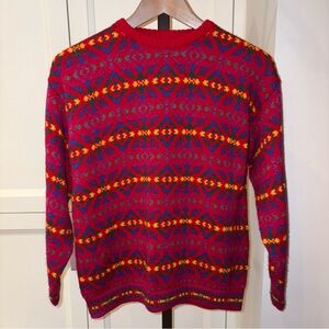 Vintage 80s Benetton Red Multicolor Knit Wool Alpaca Blend Sweater Youth XL